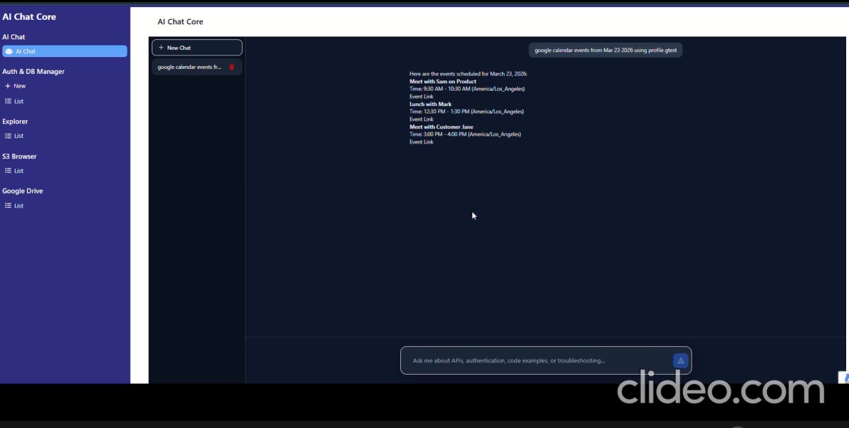 AI Chat Core interface showing calendar events query and response