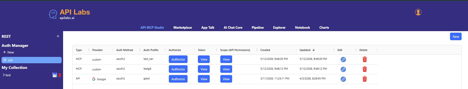 Secure Auth Vault — list of OAuth, Bearer Token, and API Key credentials in apilabs.ai